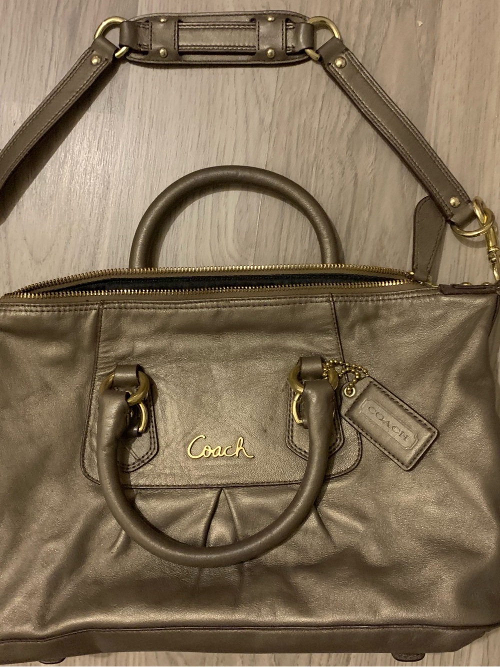 Coach Metallic Taupe Leather Satchel with Gold Hardware